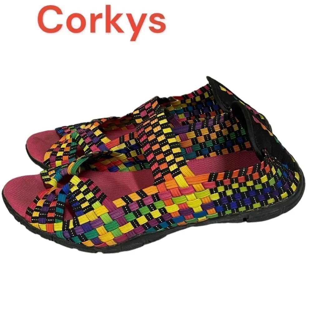 Corkys Women’s Multi Colored Ring Stretch Weave Sandals 7